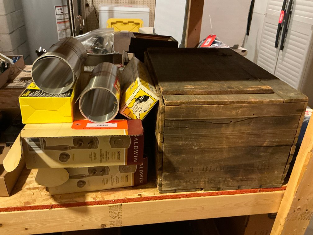 Wooden box, assorted hardware & aluminum flashing - Basement