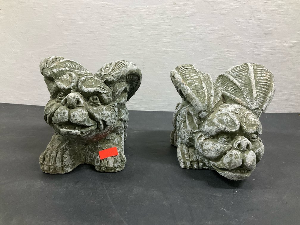 Pair of cast concrete winged gargoyle statues
