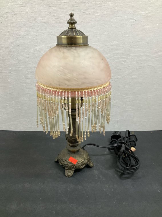Table lamp with frosted pink glass shade & beaded fringe