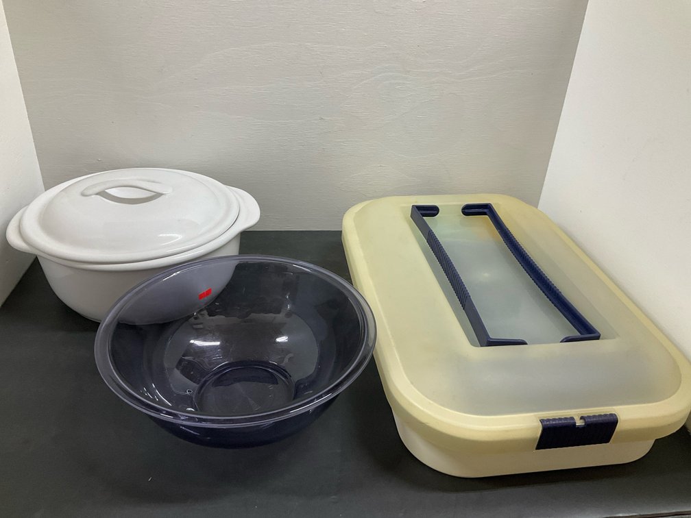 Ceramic casserole dish, plastic bowl & food carrier