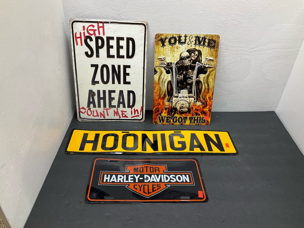 Grouping of 4 novelty metal signs & license plates