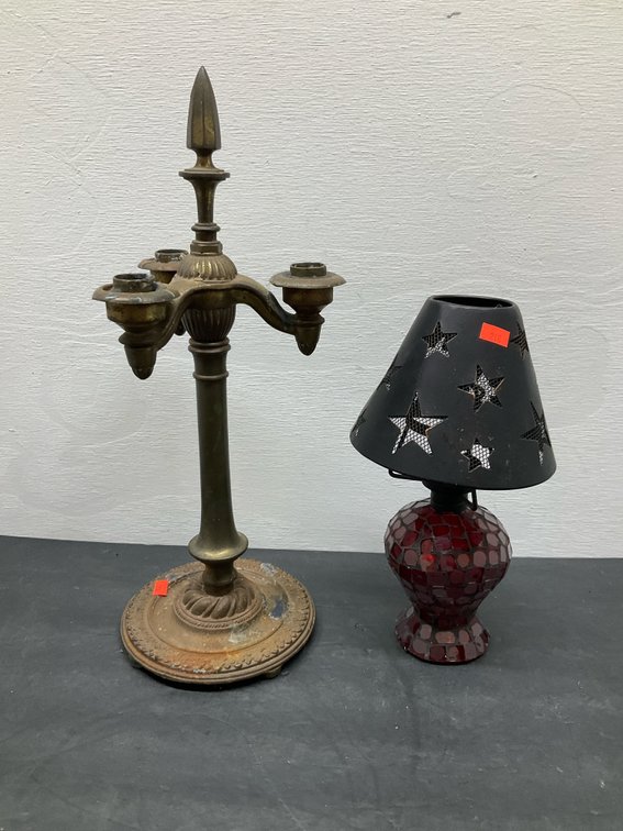 3-light brass candelabra & red mosaic candle lamp