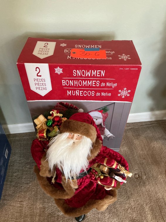 Santa Claus figurine & pair of plush snowmen with box - Master Bedroom Upper Level