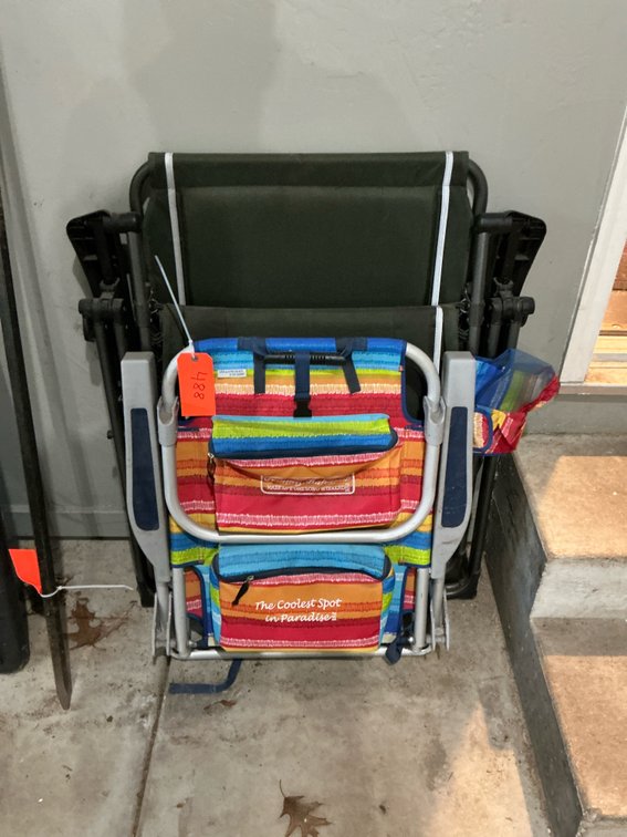 2 folding outdoor chairs with beach chair & recliner- Garage