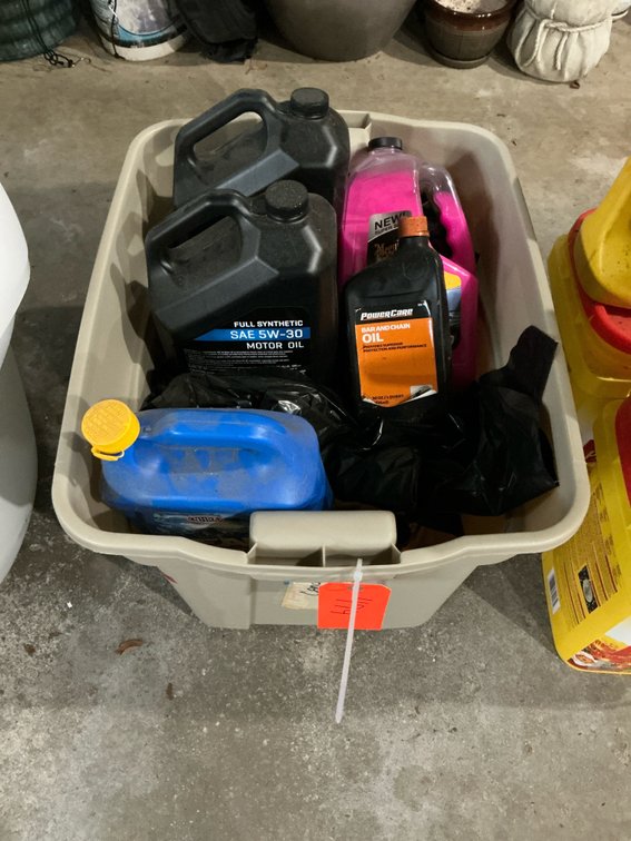 Automotive fluids & motor oil with storage tote - Garage