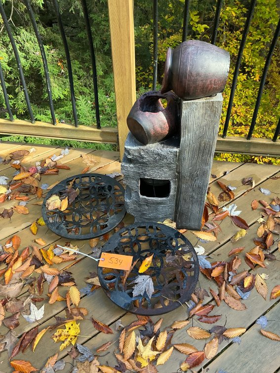 Cascading urn fountain & 2 rolling metal plant caddies - Deck