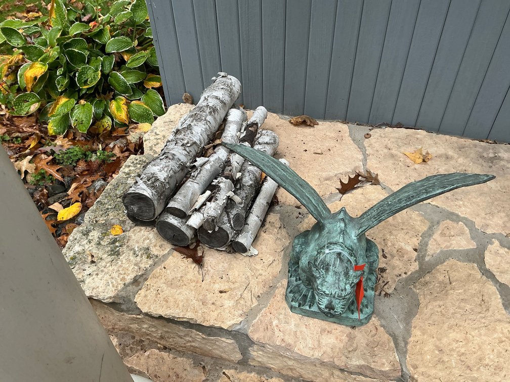 Cast winged gargoyle garden statue & birch logs - Outside