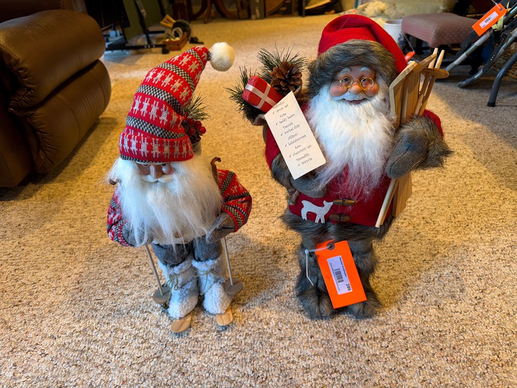 Pair of Santa Claus holiday figurines with skis 20 inches tall - Basement