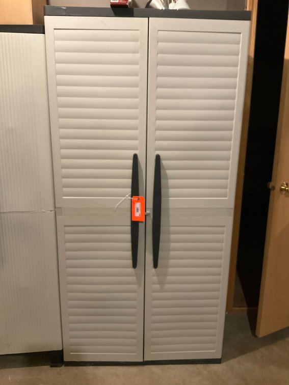 Plastic 2-door utility storage cabinet with contents - Basement