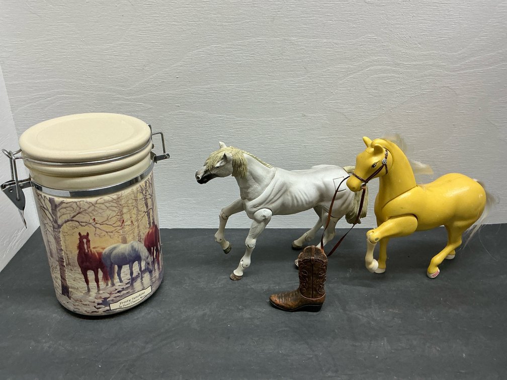 Horse-themed canister, toy horses & miniature boot