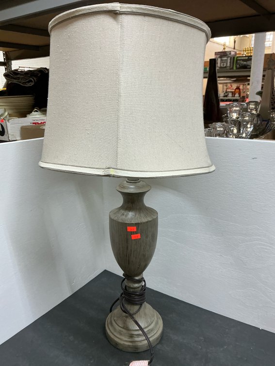 Distressed gray urn table lamp with shade