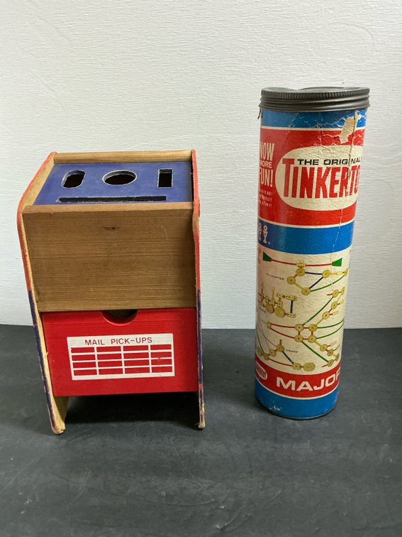 Grouping of wooden toy mailboxes & construction set