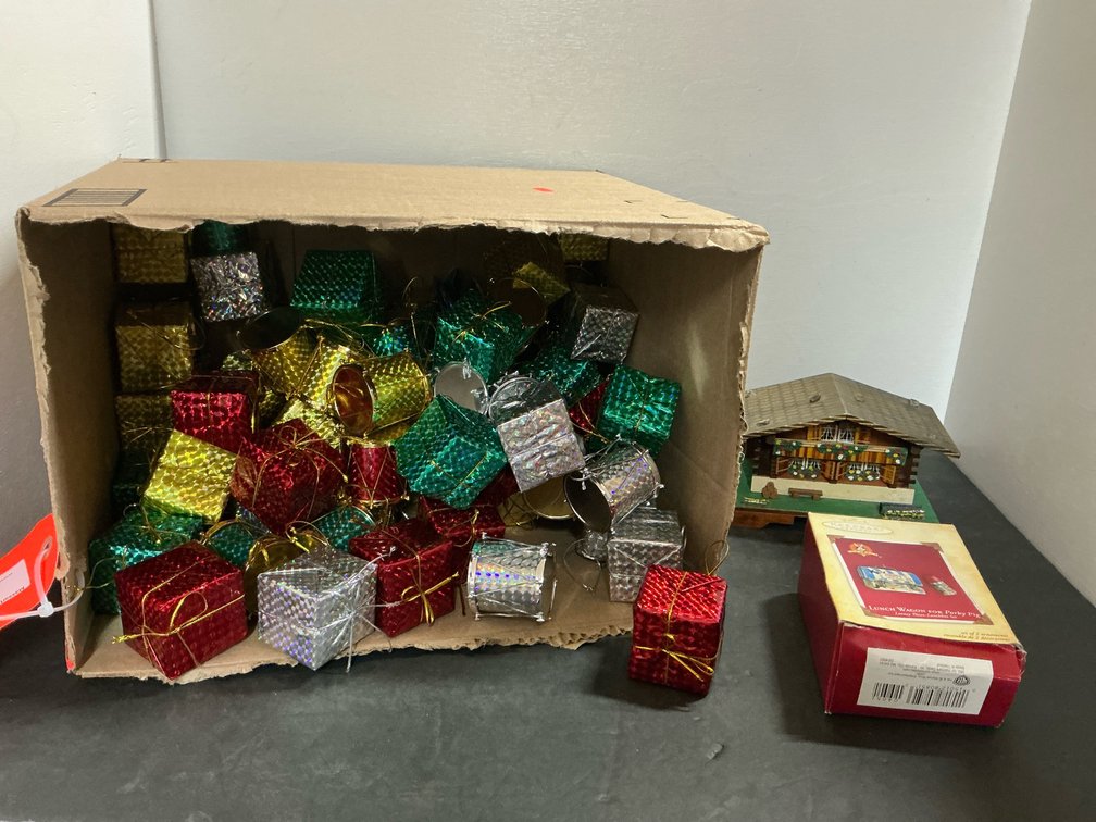 Wooden chalet music box, boxed ornament & foil ornaments