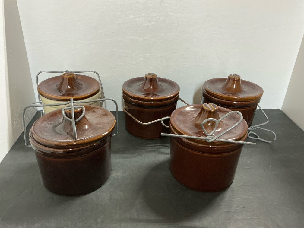 5 glazed stoneware crocks with wire bail lids