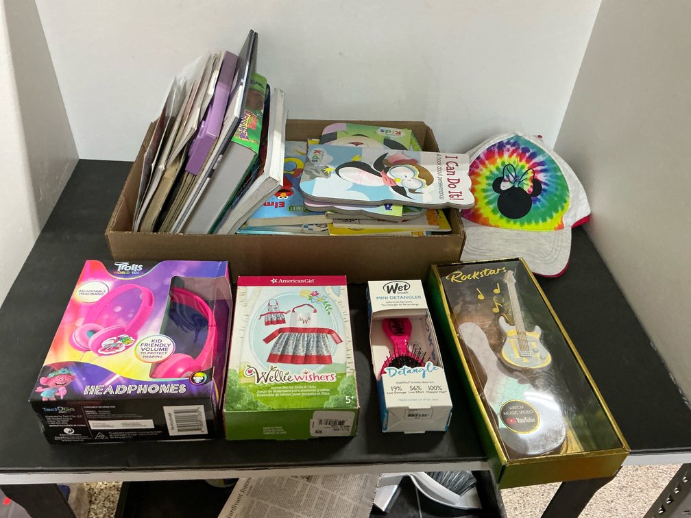 Grouping of children's toys, headphones, caps & books
