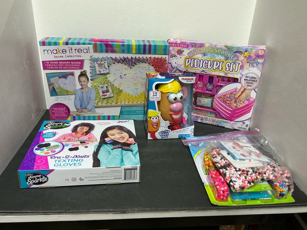 Grouping of craft kits, pedicure set & toy figure