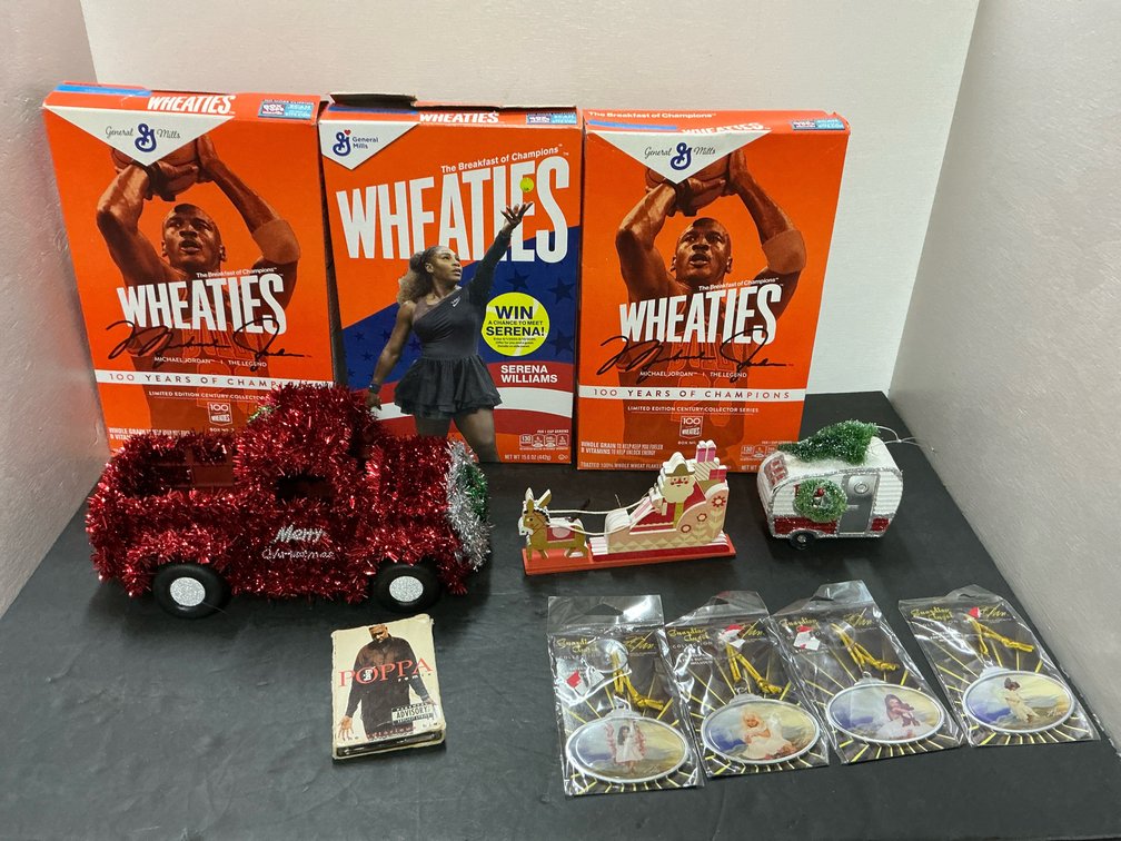 Wheaties boxes, holiday decor & cassette single