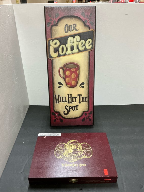 Wooden cigar box & coffee wall plaque