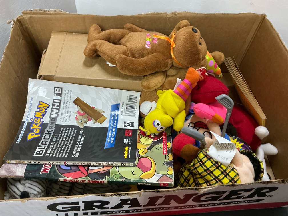 Assorted plush toys, fashion doll set & books