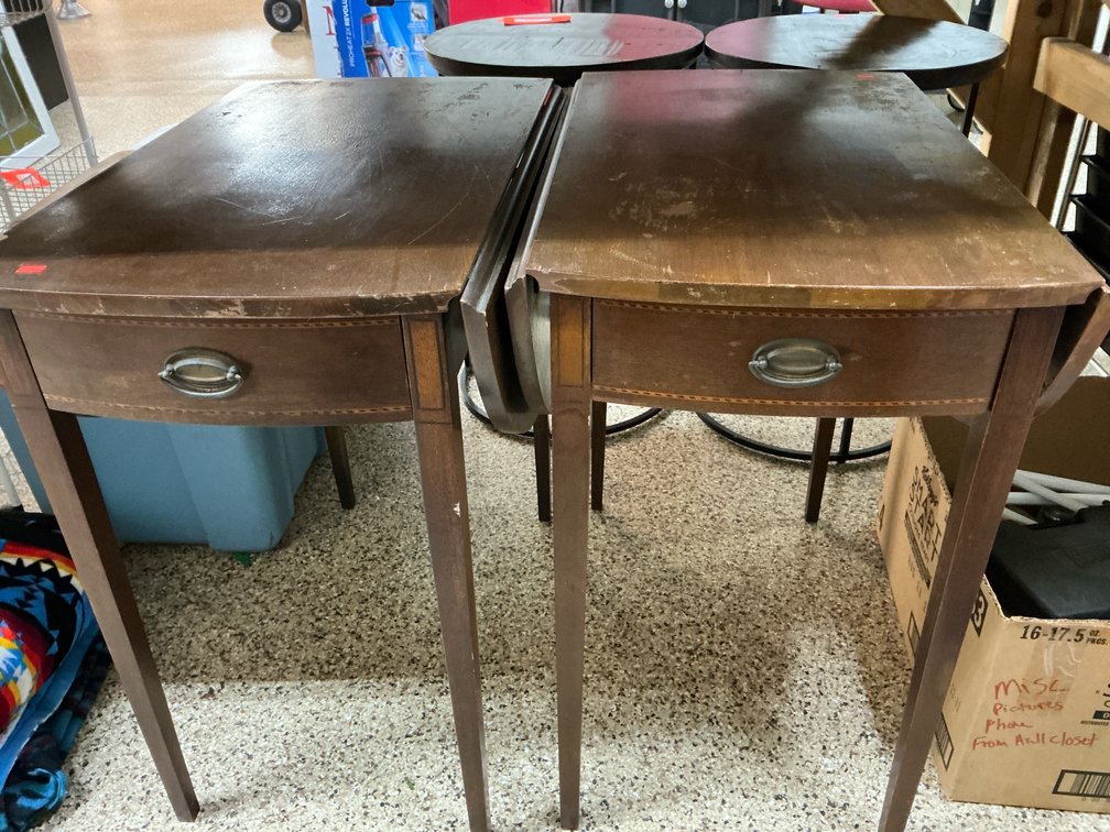 Pair of wood drop-leaf single-drawer side tables