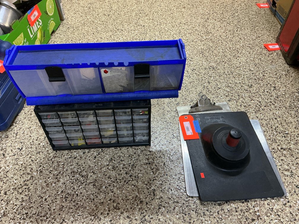 Small parts organizers, aluminum hawk, clipboard & flashing