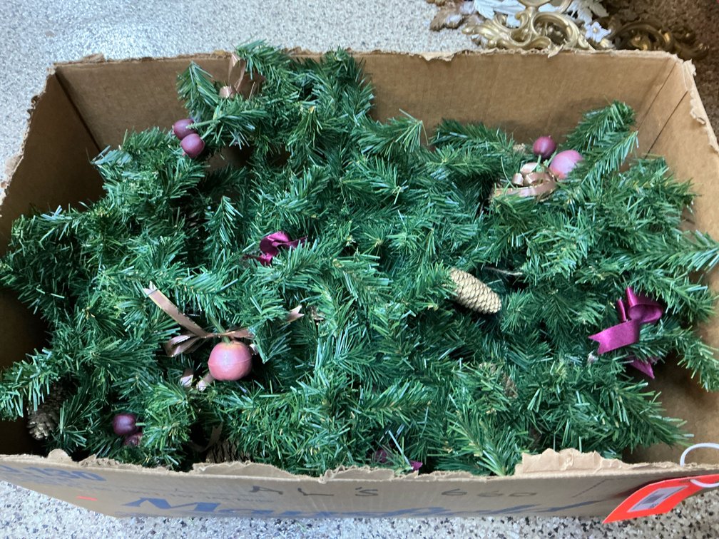 Artificial evergreen garland with pinecones & ribbons