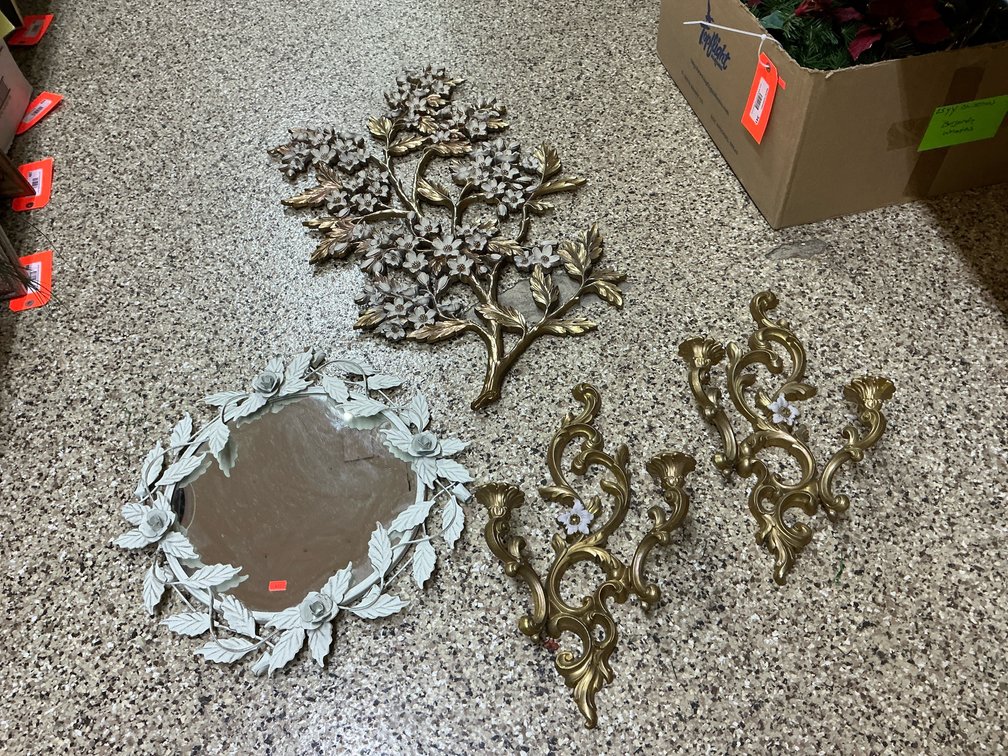 4-piece wall decor with mirror, sconces & floral plaque