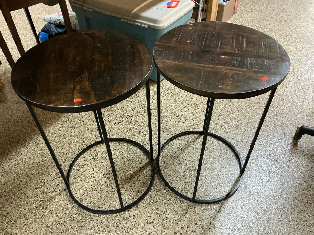 Pair of round side tables with wood tops & metal bases