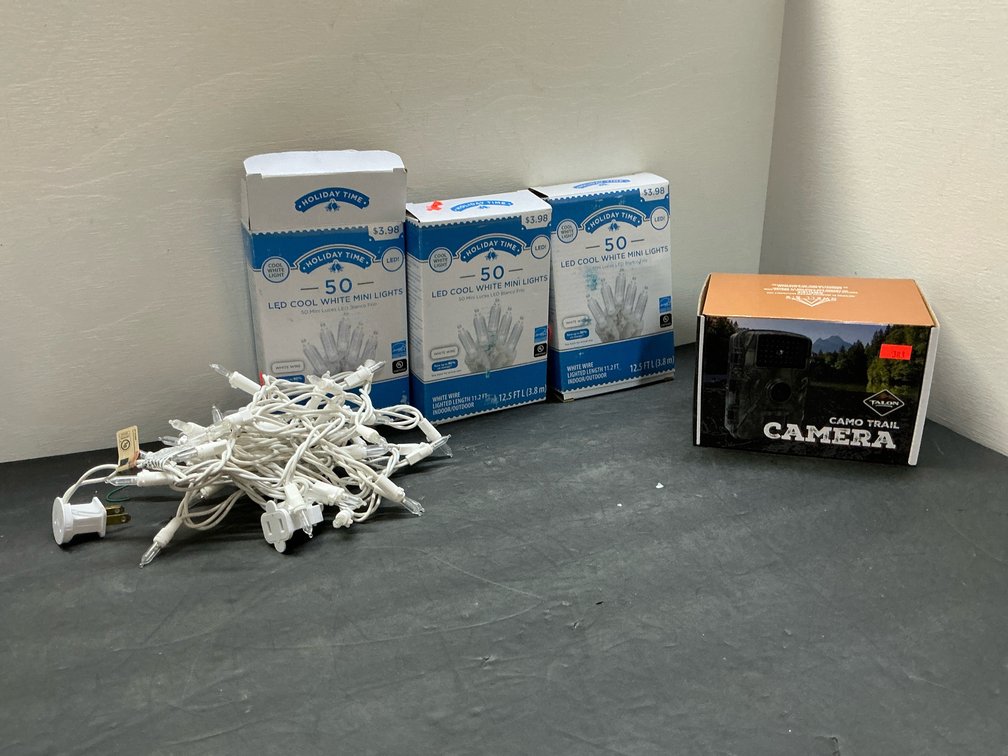 Talon camo trail camera & Holiday Time LED mini lights
