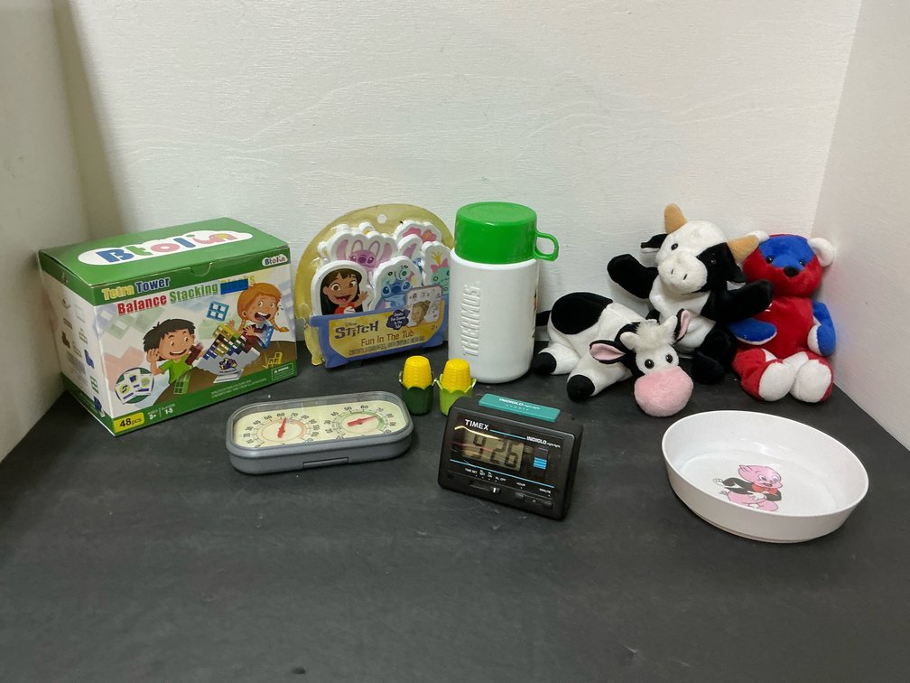 Grouping of toys, games, Timex clock & Thermos bottle
