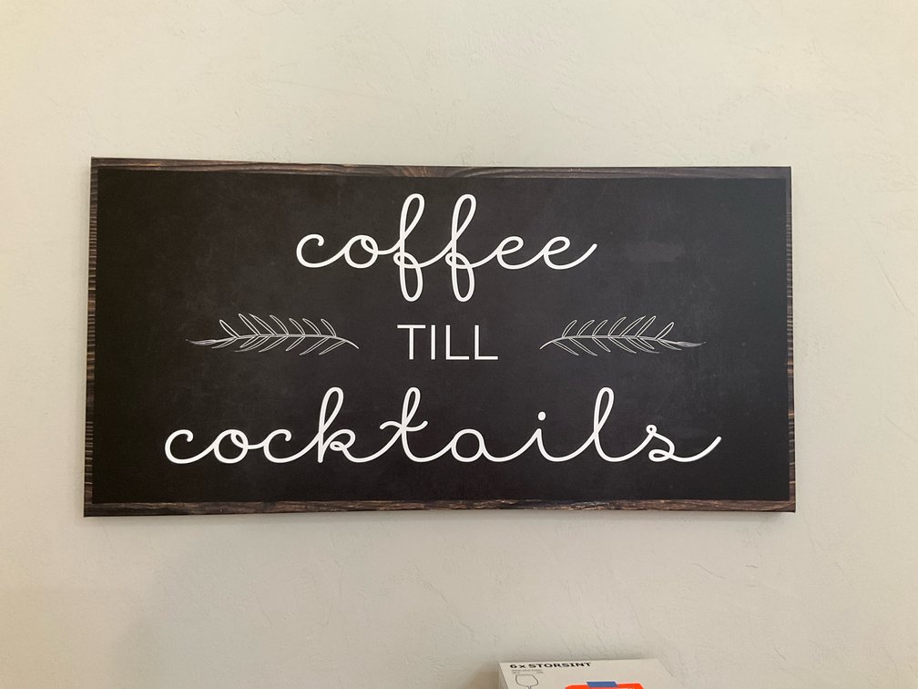 Framed "coffee TILL cocktails" wood wall sign - Kitchen