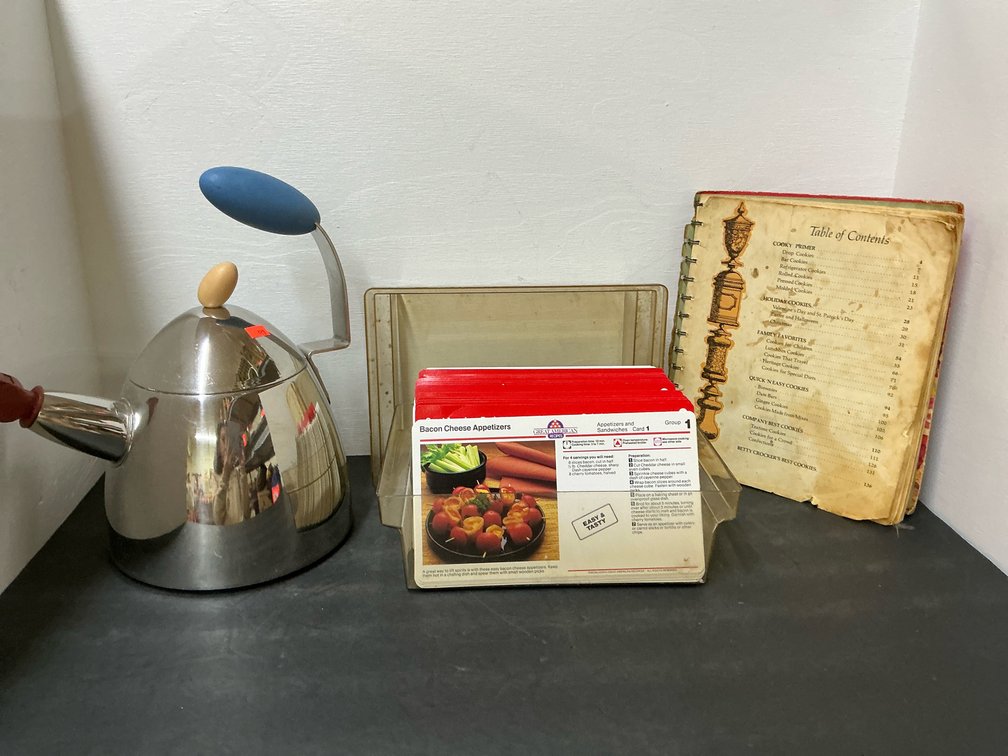 Tea kettle, recipe card box & Betty Crocker's Cooky Book