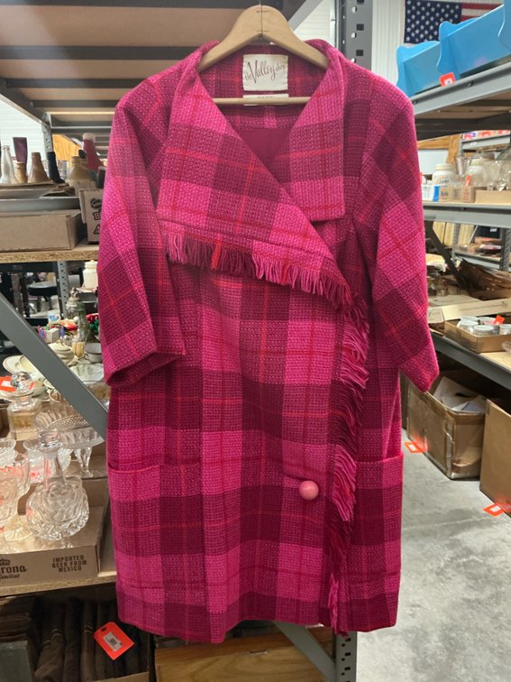 The Valley Shop pink & magenta plaid fringe coat
