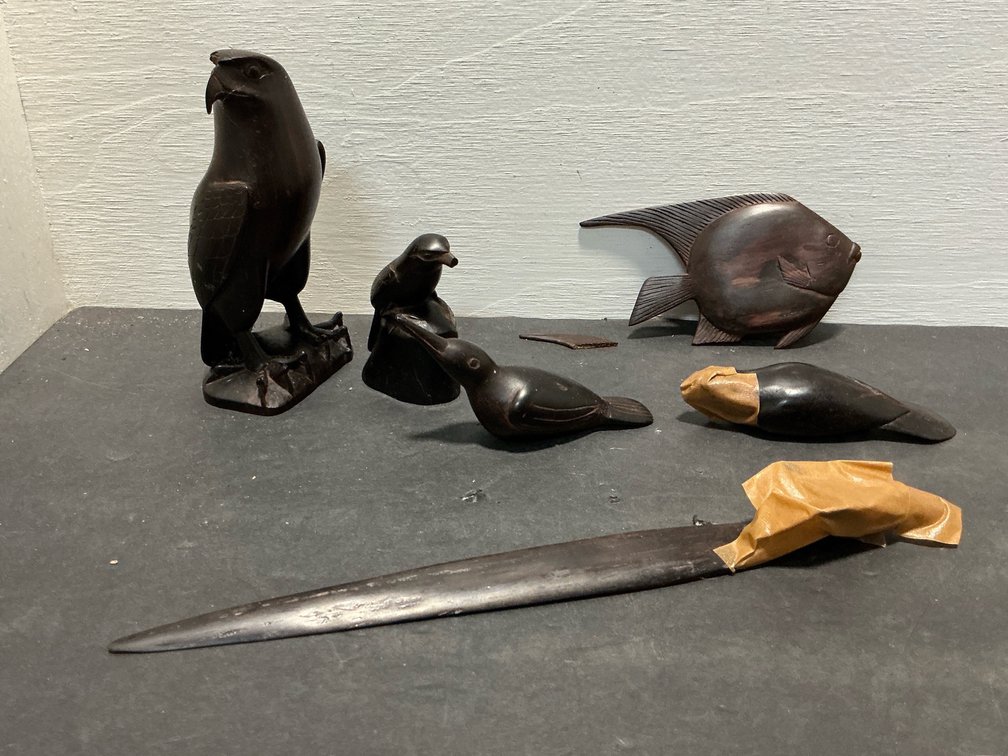 Grouping of carved wood animal figurines & letter opener