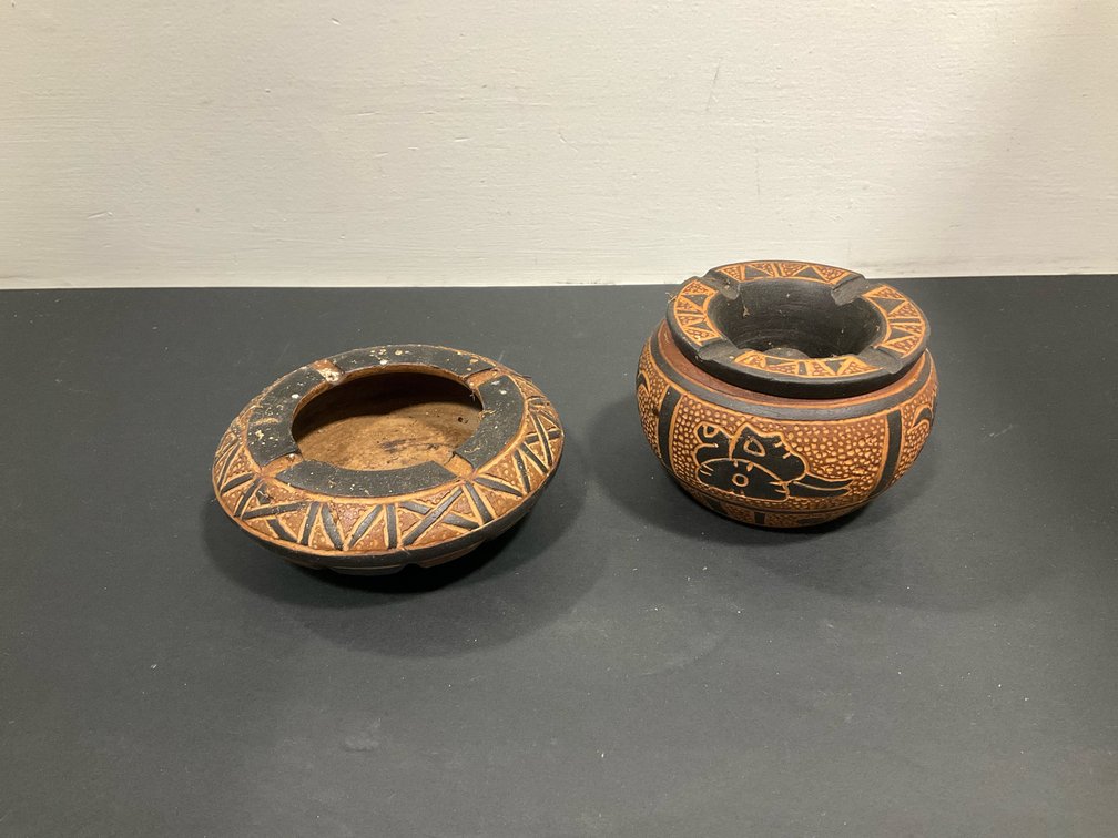 Pair of carved terracotta pottery ashtrays