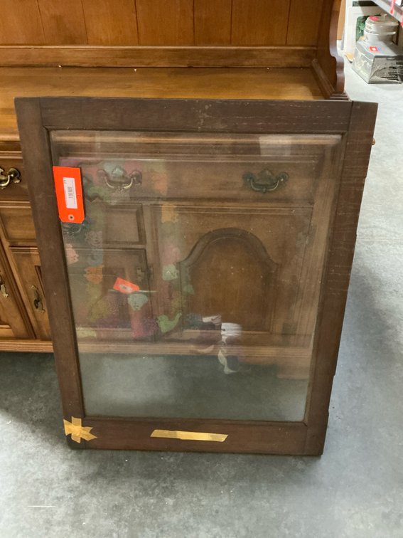 Wood-framed glass door & 2 framed abstract paintings