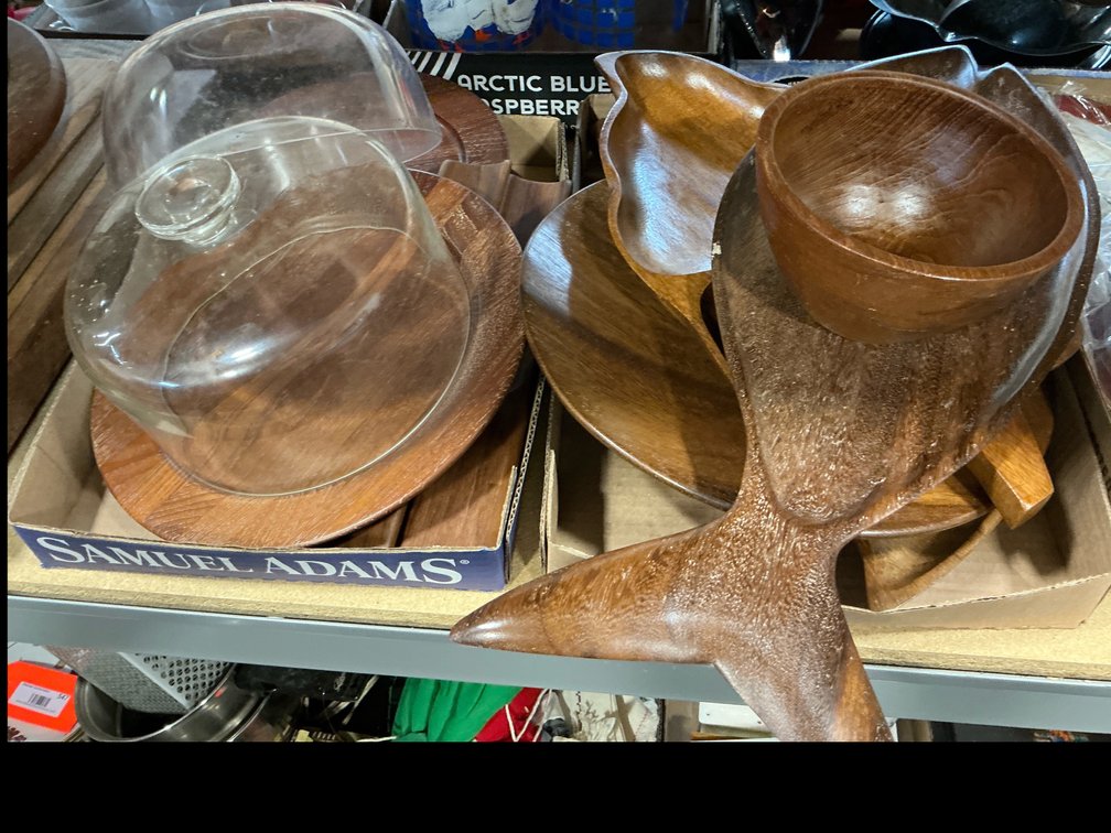 2 boxes-Wooden serveware with trays, platters & glass cloches