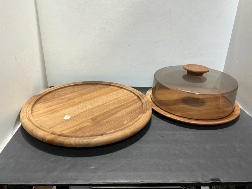 Round wooden serving boards with smoked acrylic dome