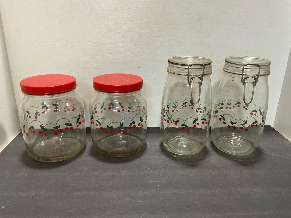 Glass canister jars with cherry motif