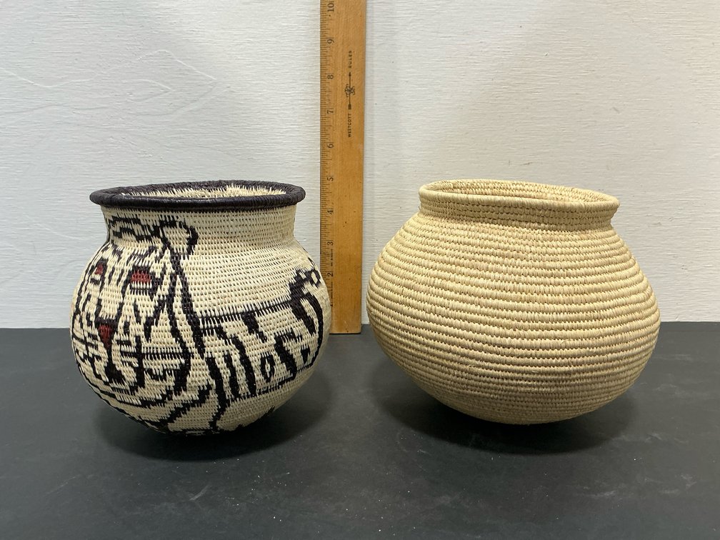 Pair of handwoven coiled fiber baskets