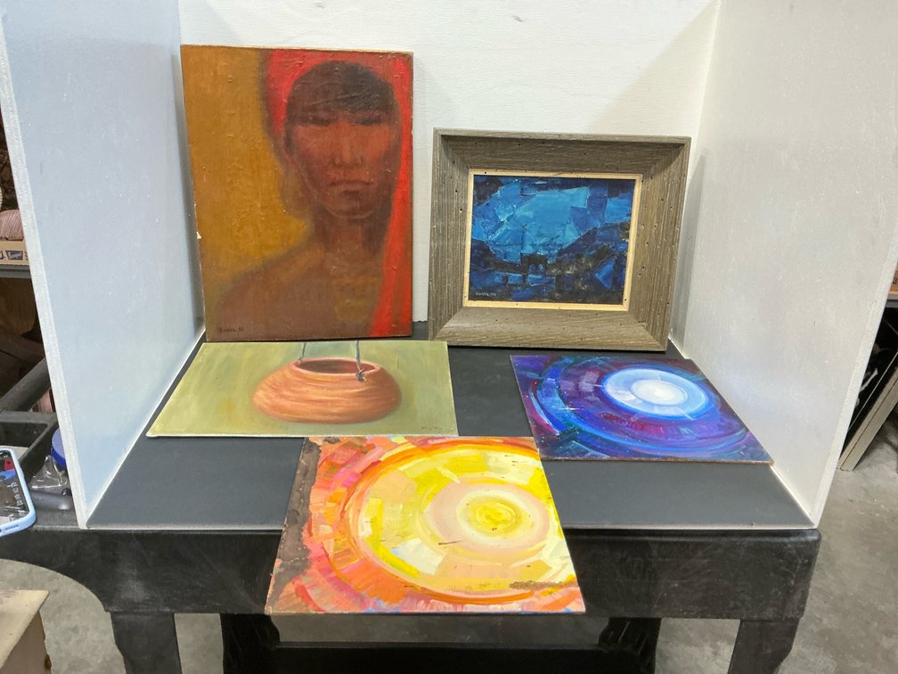 Grouping of paintings including abstracts & portrait