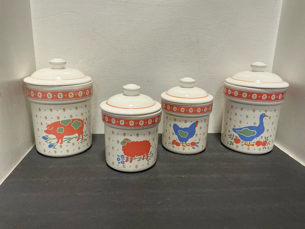 Treasure Craft ceramic farm animal canisters with lids