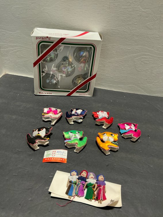 Glass ornaments, satin cat figures & worry dolls