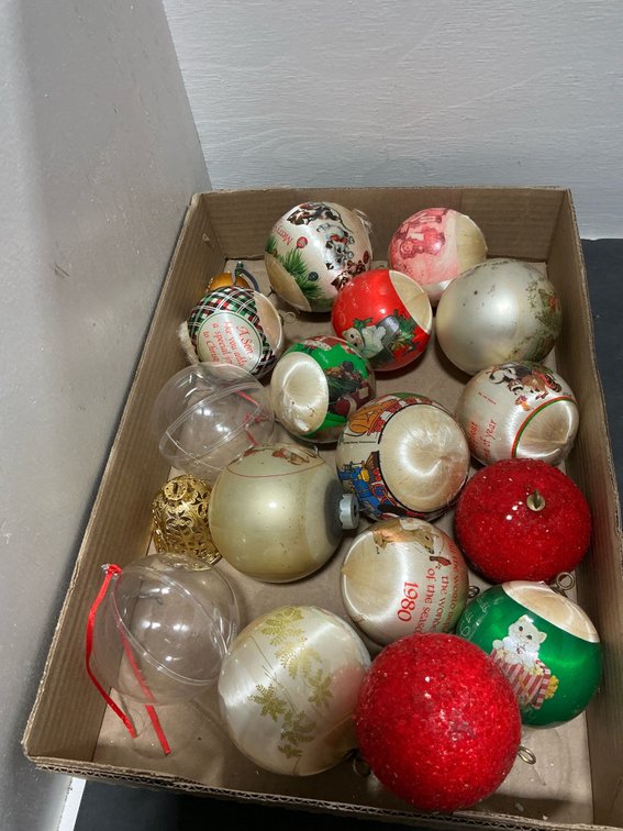 Grouping of satin & plastic Christmas tree ornaments
