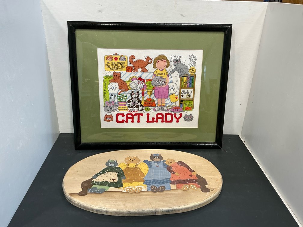 Framed cat cross-stitch & painted wooden plaque
