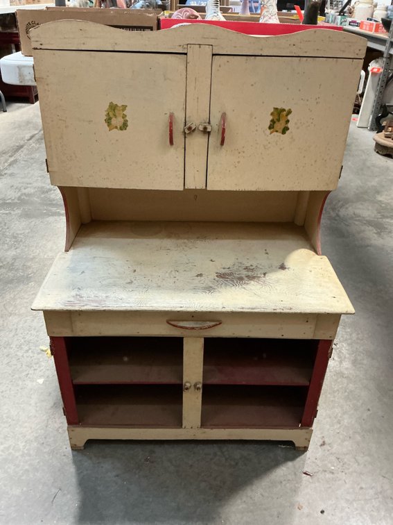 Cream & red painted wood play hutch cabinet