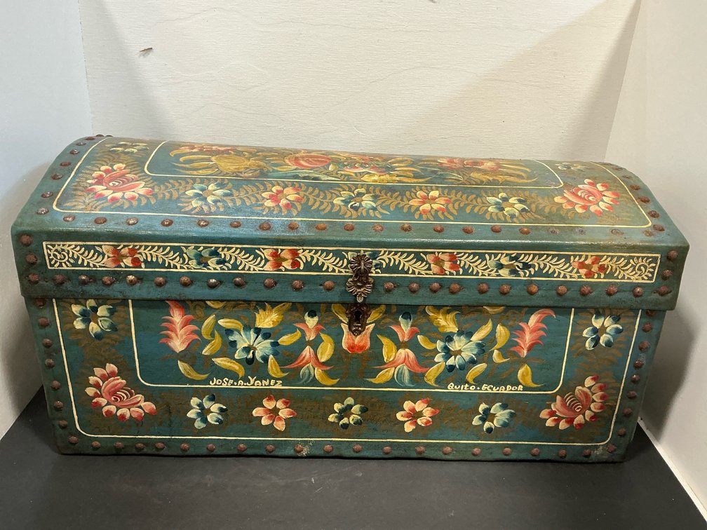 Jose A. Yanez painted dome-top wooden trunk