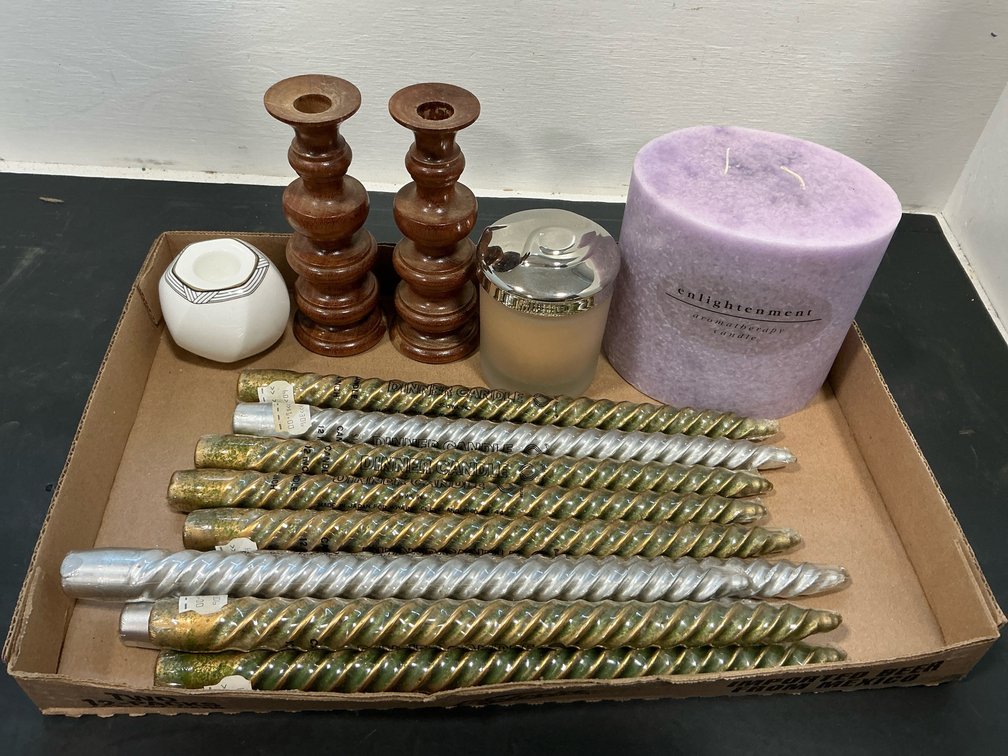 Assorted taper & pillar candles with candle holders