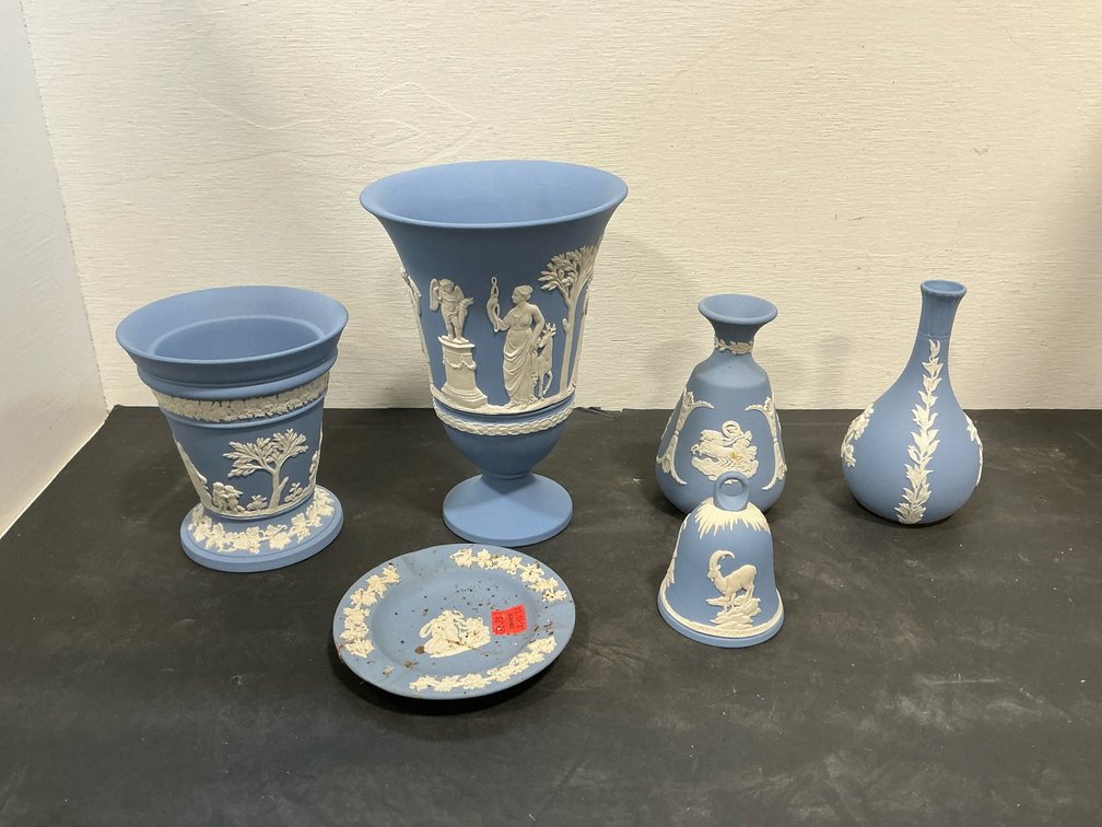 Wedgwood light blue jasperware vases, bell & dish