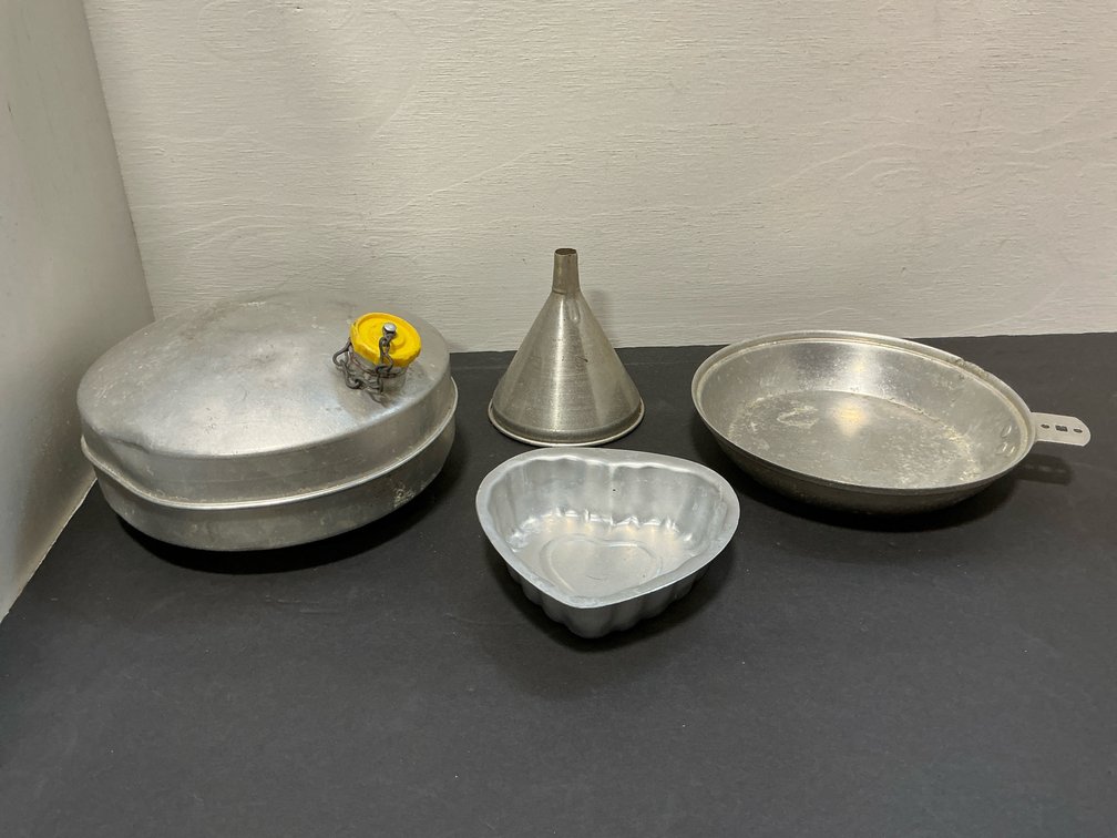 Aluminum items with canteen, pan, funnel & mold